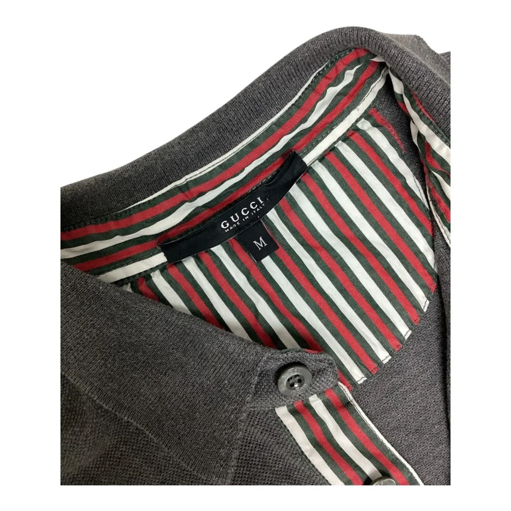 Gucci Men's Gray Short Sleeve Polo Shirt striped collar size M